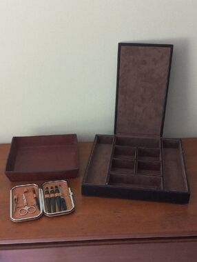 Brown Leather Valet Tray, Catchall Organizer, and Manicure Set